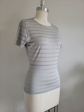 Y2K X:S brand grey short sleeve t-shirt with semi sheer stripes